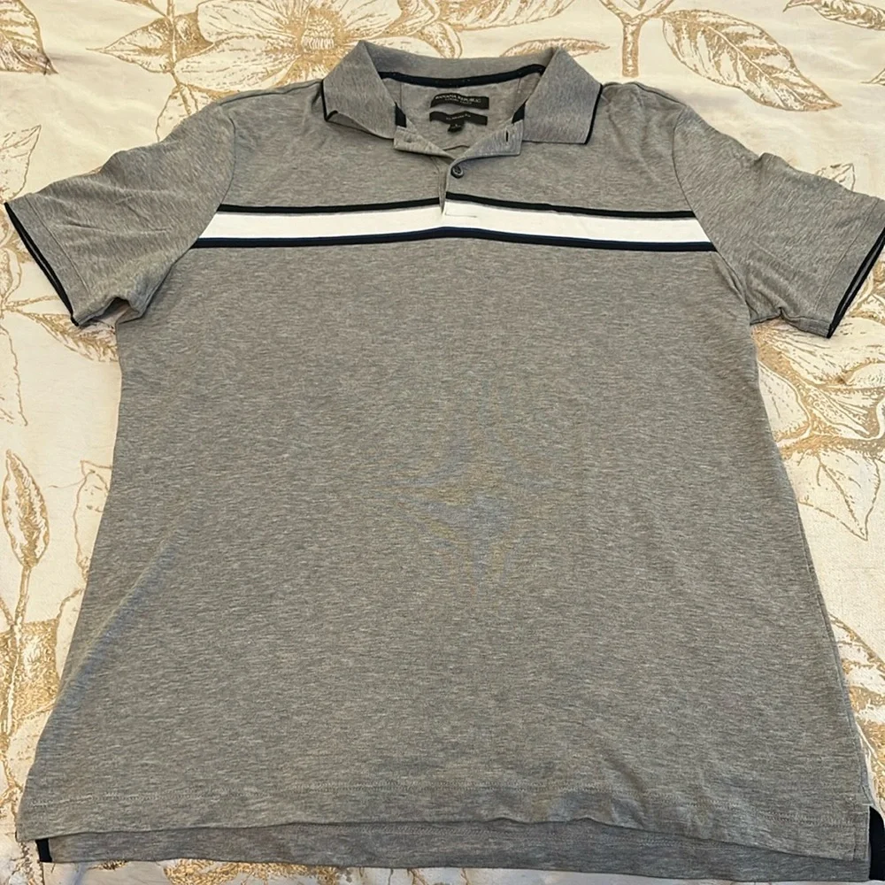 Banana Republic Luxury-Touch Striped Polo Shirt Gray Mens Size L Standard Fit
